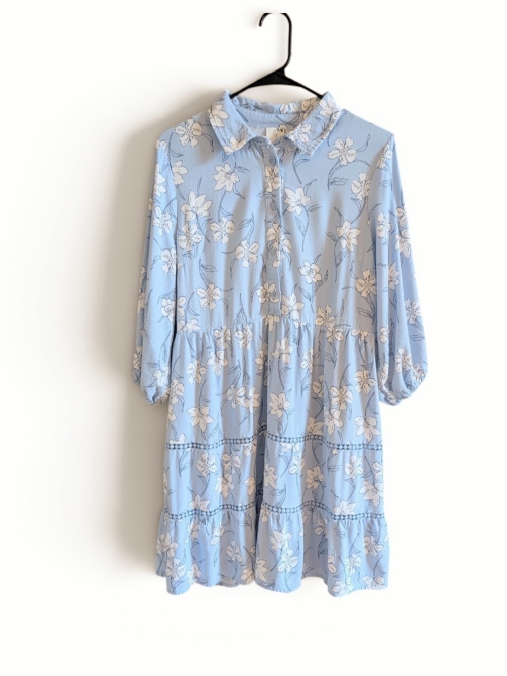 Joie Floral Button-Down Tiered Mini Dress in Light Blue Rayon Linen Blend M